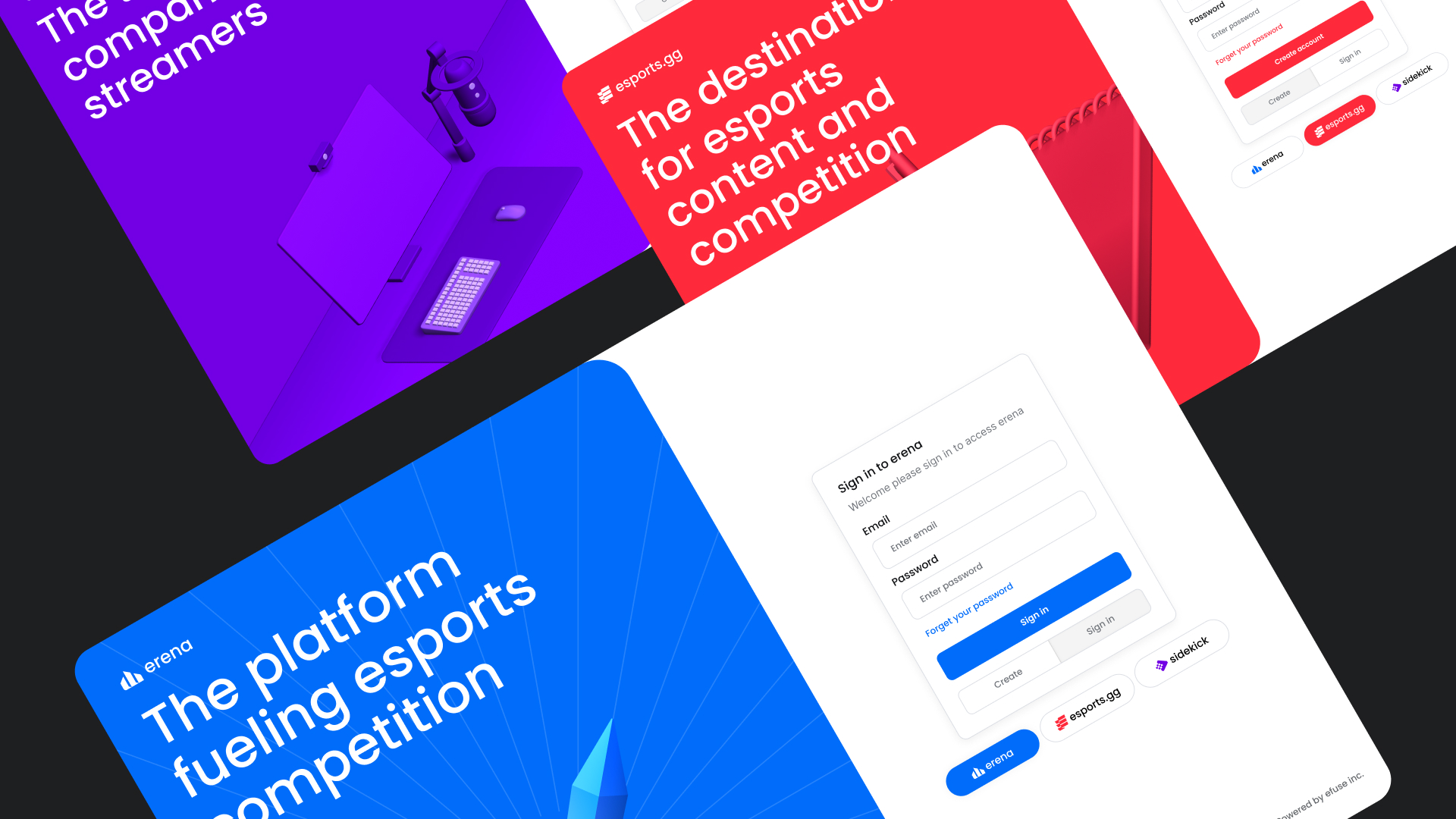 Sign-in screens for three efuse brands sharing one authentication system