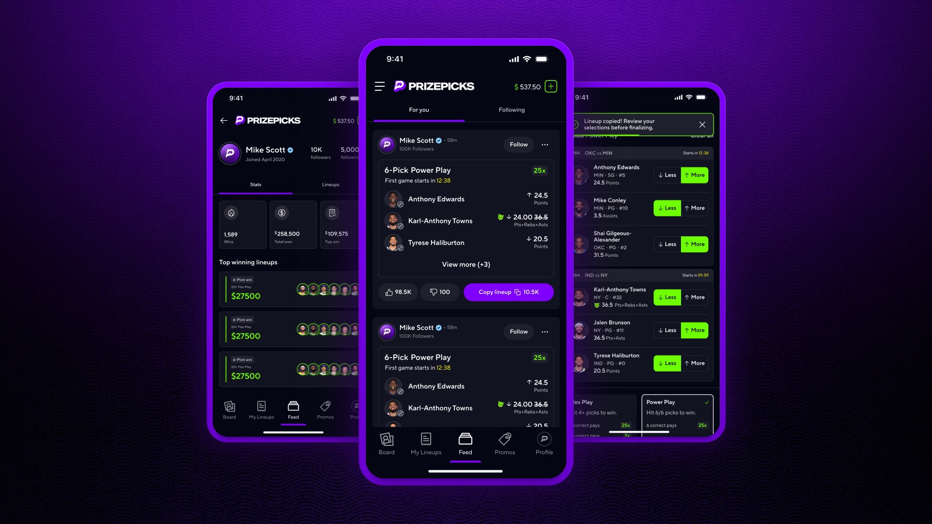 PrizePicks profile, feed and lineup screens on three phones